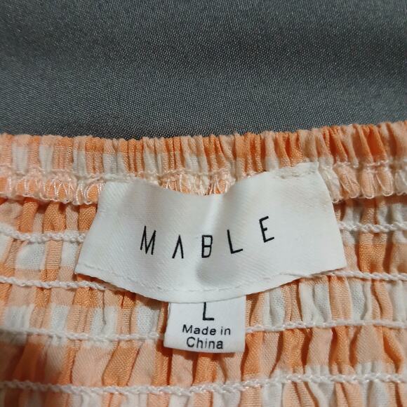 MABLE large peach seersucker gingham short puff sleeve fully lined mini-dress - Picture 2 of 14